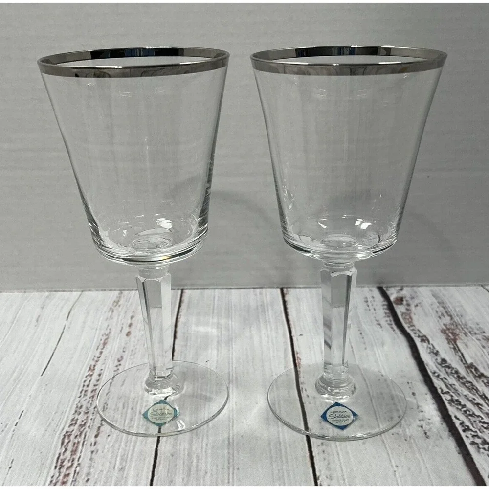 2 Vintage Lenox Solitaire Water Goblets Platinum Trim Fine Crystal USA Set